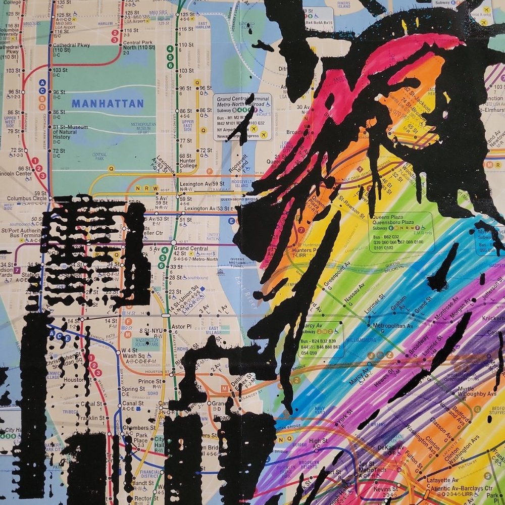 Rare Acrylic Handpainted Statue of Liberty Art on a NYC Subway Map Lady Liberty - Picture 2 of 7
